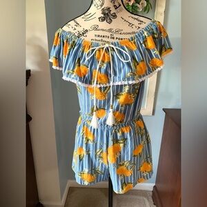 Derek Heart Juniors Blue Pinstripe Lemon Romper Sz Med
